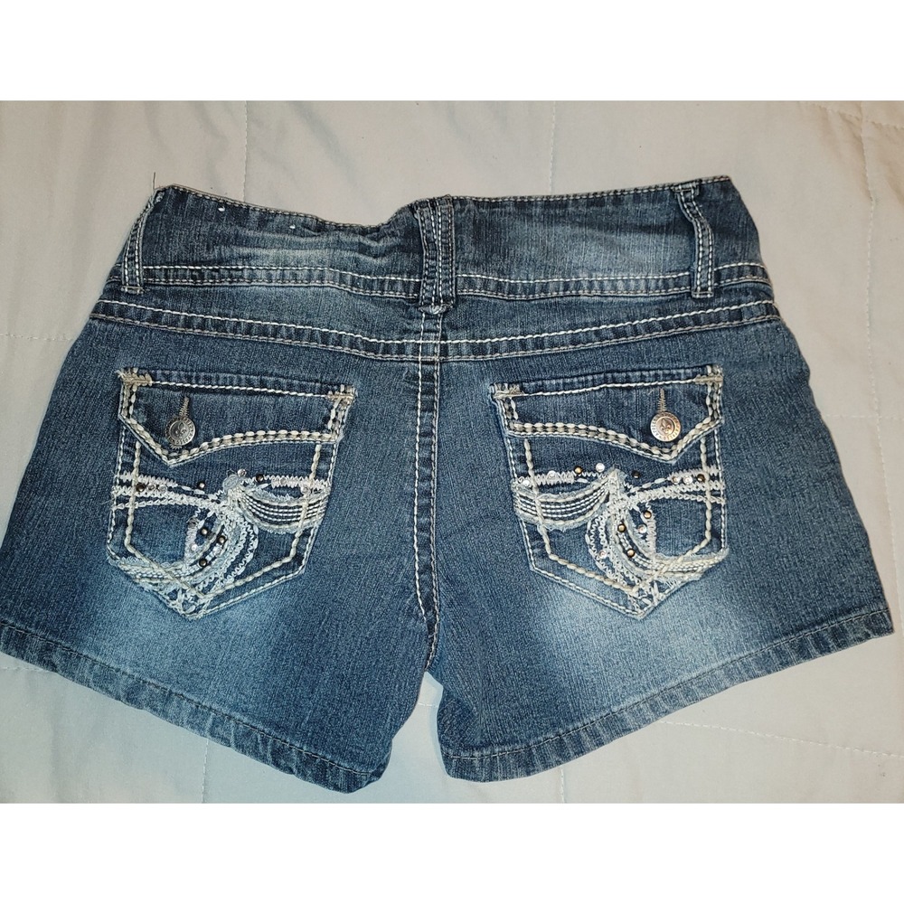 Apollo Womens Denim Shorts Size 7/8 Embellished Pockets Button Fly y2k - Picture 5 of 6